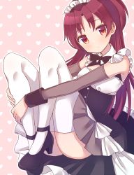 Rule 34 | 1girl, alternate costume, apron, black bow, black footwear, black neckwear, bow, buttons, detached sleeves, dot mouth, enmaided, frilled apron, frills, hands on own leg, heart, high heels, highres, hugging own legs, long hair, looking at viewer, mahou shoujo madoka magica, mahou shoujo madoka magica (anime), maid, maid apron, maid headdress, orange eyes, patterned background, pink background, ponytail, red hair, ruru (rurumagi), sakura kyoko, simple background, sitting, solo, thighhighs, white thighhighs