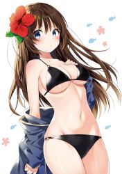 Rule 34 | 1girl, bare shoulders, bikini, black bikini, blue eyes, blue jacket, blush, breasts, brown hair, cleavage, closed mouth, collarbone, cowboy shot, flower, frown, groin, hair between eyes, hair flower, hair ornament, hand on own chest, hibiscus, highres, jacket, large breasts, long hair, looking at viewer, navel, o-ring, o-ring bikini, o-ring bottom, o-ring top, off shoulder, open clothes, open jacket, original, red flower, solo, stomach, swimsuit, thighs, white background, yon (letter)