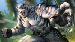 Rule 34 | 1boy, abs, absurdres, animal ears, arknights, bara, biceps, blue eyes, commission, fingernails, foreshortening, furry, furry male, grey pants, highres, kylepunkart (kylekayhos), large pectorals, looking at viewer, male focus, mountain (arknights), muscular, muscular male, nipples, pants, pectorals, scar, scar across eye, scar on face, sharp fingernails, sharp teeth, topless male, short hair, smile, solo, stomach, sunlight, tail, teeth, thick thighs, thighs, tiger boy, tiger ears, tiger tail, white fur