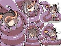 Rule 34 | &gt; &lt;, 1girl, ?, anchor symbol, arbok, black pantyhose, blush, bound, breath, chibi, commission, constriction, creatures (company), crossover, dress, game freak, gen 1 pokemon, gradient hair, hat, heart, highres, kantai collection, long sleeves, mini hat, mizuki (lv43), multicolored hair, multiple views, nintendo, notice lines, open mouth, pantyhose, pokemon, pokemon (creature), restrained, sailor dress, saliva, short hair with long locks, simple background, skeb commission, spoken question mark, sweat, tokitsukaze (kancolle), tongue, translation request, white background, white dress