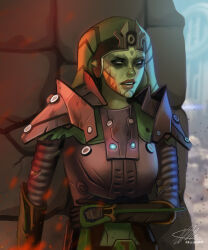 Rule 34 | 1girl, absurdres, alien, armor, artist name, colored skin, green skin, halchroma, highres, looking to the side, nose piercing, pauldrons, piercing, shoulder armor, signature, solo, star wars, stone wall, twi&#039;lek, upper body, wall