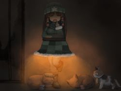 Rule 34 | &lt;|&gt; &lt;|&gt;, 1girl, :o, animal, beanie, black footwear, boots, braid, breasts, brown hair, cat, chen, chen (cat), closed eyes, commentary request, food, fruit, green headwear, green sweater, grey pantyhose, hat, holding, holding food, hong meiling, kaenbyou rin, kaenbyou rin (cat), kotatsu, long hair, mandarin orange, medium breasts, night, open mouth, outdoors, pantyhose, shirosato, standing, standing on one leg, star (symbol), sweater, table, touhou, twin braids