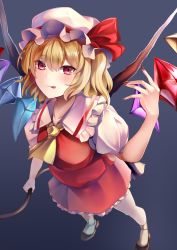 Rule 34 | 1girl, :p, absurdres, ascot, asymmetrical legwear, black footwear, blonde hair, blush, bow, breasts, collarbone, commentary, crystal, fingernails, flandre scarlet, from above, gradient background, grey background, hair between eyes, hat, hat bow, highres, holding, holding weapon, koizumo, laevatein (touhou), looking at viewer, medium breasts, mob cap, nail polish, one side up, puffy short sleeves, puffy sleeves, red bow, red eyes, red nails, red skirt, red vest, sharp fingernails, short hair, short sleeves, single thighhigh, skirt, solo, standing, thighhighs, tongue, tongue out, touhou, uneven legwear, vest, weapon, white hat, white thighhighs, wings, yellow ascot