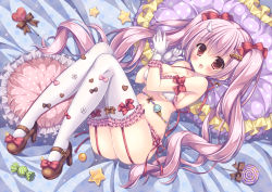 Rule 34 | 1girl, :d, absurdres, ass, bed sheet, bikini, blush, bow, breasts, brown eyes, brown footwear, candy, candy wrapper, cleavage, commentary request, food, frilled bikini, frilled pillow, frilled thighhighs, frills, gloves, hair between eyes, hair bow, halterneck, hands up, heart, heart-shaped lollipop, high heels, highres, knees up, kouta., large breasts, lollipop, long hair, looking at viewer, mary janes, open mouth, original, pillow, pink hair, polka dot, red bow, shaped lollipop, shoes, smile, solo, star (symbol), swimsuit, swirl lollipop, thighhighs, twintails, very long hair, white bikini, white gloves, white thighhighs