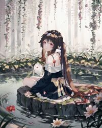Rule 34 | 1girl, bare shoulders, boo tao (genshin impact), brown hair, flower, flower-shaped pupils, genshin impact, highres, hu tao (genshin impact), long hair, looking at viewer, outdoors, red eyes, sitting, smile, solo, suketto 0112, symbol-shaped pupils, twintails
