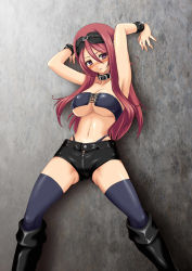 Rule 34 | 1girl, absurdres, black thighhighs, blush, boots, bracelet, breasts, collar, front-tie top, hairband, highres, jewelry, knee boots, large breasts, long hair, original, purple eyes, red hair, short shorts, shorts, solo, strapless, sweatdrop, thighhighs, touji (tj studio), tube top, underboob