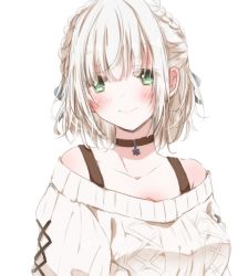 Rule 34 | 1girl, blush, breasts, choker, green eyes, hiro (hirohiro31), hololive, hololive fantasy, large breasts, looking at viewer, ribbed sweater, shirogane noel, shirogane noel (casual), short hair, silver hair, smile, solo, sweater, upper body, virtual youtuber, white background