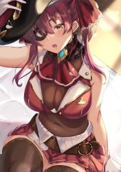 Rule 34 | 1girl, :o, bare shoulders, bed sheet, belt, black thighhighs, blush, breasts, brown belt, cleavage, covered navel, eyepatch, from above, gloves, hair ribbon, hand on headwear, hat, heterochromia, highres, hololive, hololive fantasy, houshou marine, indoors, leotard, leotard under clothes, open mouth, pirate hat, red hair, red skirt, ribbon, see-through, see-through cleavage, see-through leotard, shirt, sidelocks, sitting, skirt, sleeveless, sleeveless shirt, solo, thighhighs, thighs, virtual youtuber, white gloves, yamikyon, yellow eyes