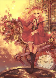 Rule 34 | 1girl, absurdres, blonde hair, boots, bow, clock, dress, earrings, flower, gears, hair bow, highres, jewelry, knee boots, long hair, mirusa, red eyes, ribbon, roman numeral, smile, solo