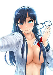 Rule 34 | 1girl, absurdres, afba, blue eyes, breasts, closed mouth, collarbone, eyes visible through hair, glasses, glasses removed, hair ornament, hairclip, highres, large breasts, long hair, long sleeves, looking at viewer, matching hair/eyes, no bra, open clothes, ore wo suki nano wa omae dake ka yo, sanshokuin sumireko, simple background, smile, solo, upper body, white background