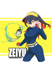 Rule 34 | 1girl, belt, belt buckle, black hair, blue jacket, blue pants, buckle, buttons, carmine (pokemon), closed mouth, colored inner hair, commentary request, creatures (company), crossed bangs, eyelashes, fanny pack, game freak, hair between eyes, hairband, hand up, highres, holding, holding poke ball, jacket, long hair, long sleeves, mole, mole under eye, multicolored hair, nintendo, pants, poke ball, poke ball (basic), pokemon, pokemon (creature), pokemon sv, poltchageist, shiizuu (multi mirror), smile, white belt, yellow bag, yellow eyes, yellow hairband