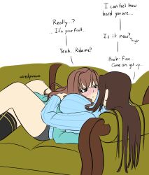 Rule 34 | 1futa, 1girl, absurdres, aozaki aoko, between breasts, between legs, blush, breasts, couch, couple, english text, futa with female, futanari, highres, kumari kojika, large breasts, long hair, looking at another, lying on person, mahou tsukai no yoru, multiple girls, non-web source, on couch, panties, sitting, sweat, thighhighs, thighs, underwear, wiredprincess, yuri