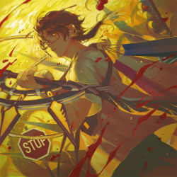 Rule 34 | 1boy, arknights, bag, black hair, blood, commentary, dark-skinned male, dark skin, earclip, english commentary, glasses, hair between eyes, highres, holding, holding bag, holding sword, holding weapon, jewelry, male focus, manjyufroth, parted lips, ponytail, road sign, shirt, shopping bag, sign, solo, stop sign, sword, tentacles, thorns (arknights), thorns (comodo) (arknights), traffic light, weapon