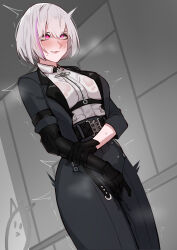 Rule 34 | 1girl, absurdres, ahegao, belt, black belt, black gloves, black jacket, black pants, black suit, blush, breasts, chinese commentary, clenched teeth, collared shirt, cowboy shot, drooling, dutch angle, female masturbation, female orgasm, formal, gloves, grey hair, highres, jacket, lips, liv (punishing: gray raven), masturbation, masturbation through clothes, mechanical arms, medium breasts, multicolored hair, orgasm, pants, parted lips, pink eyes, punishing: gray raven, purple hair, pussy juice, pussy juice stain, rolling eyes, saliva, shirt, shirt tucked in, short hair, single mechanical arm, solo, standing, steaming body, suit, sweat, teeth, tiankong pie ai, trembling, two-tone hair, underbust, wet, wet clothes, wet shirt, white shirt, wing collar