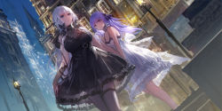 Rule 34 | 2girls, alternate costume, azur lane, bare shoulders, black dress, black ribbon, blue eyes, breasts, cityscape, dress, gloves, hair between eyes, hair ribbon, highres, illustrious (azur lane), large breasts, long hair, looking at viewer, low twintails, mole, mole under eye, multiple girls, night, outdoors, parted lips, purple eyes, purple hair, ribbon, sidelocks, sleeveless, sleeveless dress, small breasts, smile, swd3e2, thighhighs, twintails, unicorn (azur lane), white dress, white hair