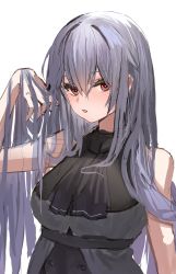 Rule 34 | 1girl, absurdres, arknights, ascot, bare shoulders, black ascot, black shirt, breasts, brown eyes, commentary request, grey hair, hair between eyes, hair lift, hand up, hands in hair, highres, horn/wood, large breasts, long hair, looking at viewer, no headwear, parted lips, shirt, simple background, skadi (arknights), solo, upper body, very long hair, white background