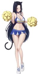 Rule 34 | 1girl, animal ears, averting eyes, bare shoulders, blue eyes, blue hair, blush, breasts, cheerleader, cleavage, commentary, dark blue hair, full body, hantata, highres, large breasts, long hair, navel, pleated skirt, pom pom (cheerleading), remind, shoes, simple background, skirt, sneakers, solo, sports bra, star sticker, sticker on stomach, stomach, tail, very long hair, virtual youtuber, white background, white footwear
