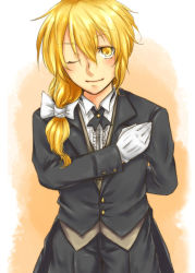 Rule 34 | 1girl, ;), bad id, bad pixiv id, blonde hair, blush, bow, bowing, braid, butler, buttons, collared shirt, cowboy shot, female butler, formal, fuji tsugu, gloves, hair bow, hand on own chest, kirisame marisa, looking at viewer, one eye closed, shirt, side braid, smile, standing, suit, touhou, white gloves, white shirt, wink, yellow eyes