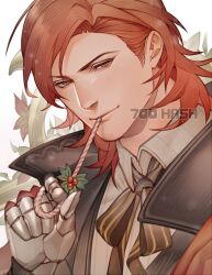 Rule 34 | 1boy, 700hash, artist name, black jacket, candy, candy cane, closed mouth, collared shirt, food, gauntlets, granblue fantasy, highres, holding, holding candy, holding food, jacket, looking at viewer, male focus, official alternate costume, percival (granblue fantasy), red eyes, red hair, shirt, short hair, solo, white shirt
