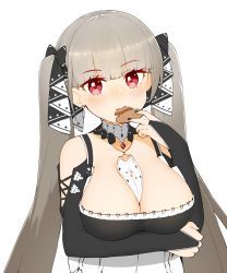 Rule 34 | 1girl, arm under breasts, azur lane, bare shoulders, between breasts, black dress, black nails, blunt bangs, blush, breasts, bridal gauntlets, cap105, cleavage, commentary request, cookie, detached collar, dress, earrings, food, food in mouth, formidable (azur lane), frilled dress, frills, gothic lolita, grey hair, hair ribbon, highres, holding, holding food, jewelry, large breasts, lolita fashion, long hair, looking at viewer, nail polish, neckwear between breasts, red eyes, ribbon, sidelocks, simple background, sleeveless, sleeveless dress, solo, standing, twintails, two-tone dress, two-tone ribbon, upper body, very long hair, white background