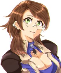 Rule 34 | 1girl, breasts, brown hair, cleavage, closed mouth, glasses, green eyes, highres, large breasts, long hair, looking at viewer, shion uzuki, simple background, smile, solo, to (tototo tk), white background, xenosaga, xenosaga episode i