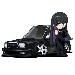 Rule 34 | 1girl, absurdres, black footwear, black hair, bocchi the rock!, boots, car, colored inner hair, commentary, detached sleeves, english commentary, grey eyes, hair behind ear, highres, holeecrab, long hair, looking to the side, motor vehicle, multicolored hair, pa-san, purple hair, shadow, simple background, sleeves past fingers, sleeves past wrists, smile, solo, stance (vehicle), vehicle focus, vehicle request, very long hair, white background