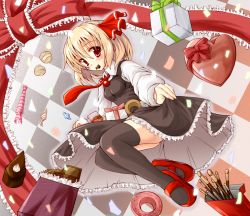 Rule 34 | 1girl, black thighhighs, blonde hair, blush, box, candy, chocolate, clothes lift, embodiment of scarlet devil, female focus, food, gift, gift box, hair ribbon, heart, highres, hiiragi tomoka, mary janes, mouth hold, pocky, red eyes, ribbon, rumia, shirt, shoes, short hair, skirt, skirt lift, skirt set, solo, sweets, thighhighs, touhou, valentine, vest