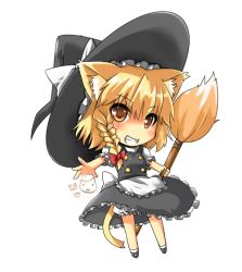 Rule 34 | 1girl, animal ears, apron, bad id, bad pixiv id, blonde hair, bloomers, braid, broom, cat ears, cat girl, cat tail, chibi, dress, female focus, full body, grin, hat, kirisame marisa, short hair, simple background, single braid, smile, solo, tail, toichi, touhou, underwear, white background, witch, witch hat, yellow eyes