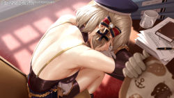 Rule 34 | 1girl, anchor symbol, aoi tiduru, azur lane, bare back, bare shoulders, beret, blurry, blurry foreground, book, bow, coffee mug, cross, cross hair ornament, cup, dappled sunlight, day, from above, from side, hair bow, hair ornament, hat, head rest, indoors, iron cross, light brown hair, median furrow, mug, paper, paper stack, pen, short hair, short shorts, shorts, sitting, sleeping, solo focus, striped, striped bow, sunlight, table, thighs, z23 (azur lane)