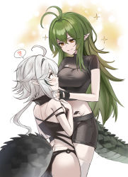Rule 34 | !?, 1girl, ahoge, alternate costume, antenna hair, arknights, beruko14, black shirt, black shorts, blush, breasts, cowboy shot, crocodilian tail, crop top, eye contact, fingerless gloves, gavial (arknights), gloves, grabbing another&#039;s chin, green hair, groin, hair between eyes, hand on another&#039;s chin, height difference, highres, long hair, looking at another, material growth, medium breasts, multicolored hair, oripathy lesion (arknights), parted lips, pointy ears, shirt, short hair, shorts, sidelocks, speech bubble, spoken interrobang, streaked hair, tail, thighhighs, tomimi (arknights), very long hair, white background, white thighhighs, yellow eyes, yuri