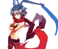 Rule 34 | 1boy, antenna hair, belt, blue hair, crossed arms, disgaea, fingerless gloves, gloves, laharl, male focus, nippon ichi, pants, pointy ears, red eyes, red scarf, scarf, topless male, short hair, softmode, solo