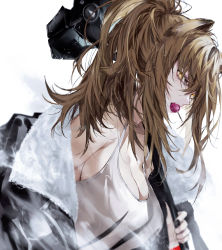 Rule 34 | 1girl, animal ears, arknights, black jacket, blurry, breasts, brown hair, candy, carrying over shoulder, cleavage, collarbone, depth of field, dutch angle, eyelashes, fang, fog, food, food in mouth, from side, fur trim, hair between eyes, hair over eyes, holding, holding weapon, jacket, large breasts, lion ears, lollipop, long hair, looking at viewer, messy hair, mouth hold, off shoulder, open mouth, ponytail, pvc parfait, siege (arknights), simple background, solo, tank top, upper body, weapon, white background