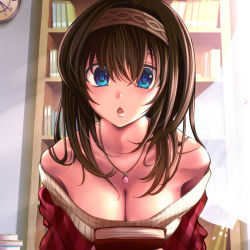 Rule 34 | 10s, 1girl, :o, bare shoulders, black hair, blue eyes, book, book stack, bookshelf, breasts, brown hair, chiyosuke (nosuke21), cleavage, clock, hairband, holding, holding book, idolmaster, idolmaster cinderella girls, jewelry, large breasts, leaning forward, long hair, looking at viewer, necklace, nosuke21, off-shoulder, off-shoulder sweater, open mouth, pendant, ribbed sweater, sagisawa fumika, shawl, solo, sweater