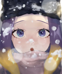 Rule 34 | 1girl, absurdres, azura (azuart0), close-up, highres, hololive, hololive english, ninomae ina&#039;nis, open mouth, purple eyes, purple hair, scarf, snow, snow on head, snow on headwear, tentacle hair, virtual youtuber, winter, winter clothes