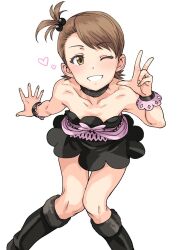 Rule 34 | 1girl, arm support, bare shoulders, black choker, black dress, black footwear, blush, boots, breasts, brown eyes, brown hair, choker, collarbone, dress, from above, fur-trimmed boots, fur trim, futami ami, grin, hair bobbles, hair ornament, hand up, heart, highres, idolmaster, idolmaster (classic), idolmaster million live!, idolmaster million live! theater days, knee boots, knees together feet apart, looking at viewer, looking up, one eye closed, pink wristband, short hair, side ponytail, simple background, sitting, small breasts, smile, solo, tsurui, w, white background