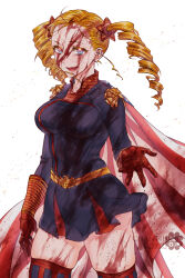 Rule 34 | 1girl, artist name, blonde hair, blood, blood on clothes, blood on face, blood on hands, blue eyes, breasts, chanti (chantilin), commentary, cowboy shot, drill hair, english commentary, fang, genderswap, genderswap (mtf), gloves, homelander, large breasts, open mouth, red gloves, skin fang, skindentation, smile, solo, striped cape, striped clothes, striped thighhighs, the boys, thighhighs, twin drills, vertical-striped clothes, vertical-striped thighhighs, watermark