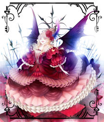 Rule 34 | 1girl, bat wings, bell line gown, big hair, blonde hair, blood, character request, checkered floor, colored eyelashes, dress, fangs, feather hair ornament, feathers, floor, flower, framed, frilled sleeves, frills, gathers, gown, hair flower, hair ornament, hair up, laughing, long hair, pixiv alice in under world, puffy sleeves, red flower, red rose, rinko (mg54), rose, scar, short sleeves, solo, thorns, too many, vampire, wings