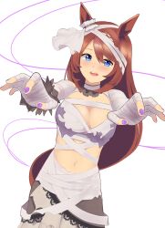 Rule 34 | 1girl, absurdres, animal ears, bandages, blue eyes, blush, braid, braided ponytail, breasts, cleavage, commentary request, ear ornament, hair between eyes, highres, horse ears, horse girl, large breasts, long hair, looking at viewer, low ponytail, luft9999, multicolored hair, nail polish, navel, official alternate costume, official alternate hairstyle, open mouth, outstretched arms, purple nails, smile, solo, streaked hair, super creek (chiffon ribbon mummy) (umamusume), super creek (umamusume), teeth, triangle mouth, umamusume, upper teeth only, very long hair
