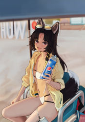 Rule 34 | 1girl, :d, alternate costume, animal ears, arknights, beach, beach umbrella, beruko14, bikini, black hair, blush, bottle, braid, breasts, cleavage, collarbone, day, dog ears, dog girl, dog tail, eyepatch bikini, eyewear on head, facial mark, fang, forehead mark, highres, holding, holding bottle, jacket, long hair, long sleeves, looking at viewer, open clothes, open jacket, open mouth, outdoors, pepsi, purple eyes, saga (arknights), side braid, sitting, small breasts, smile, solo, strapless, strapless bikini, swimsuit, tail, thigh strap, tinted eyewear, umbrella, white bikini, yellow-tinted eyewear, yellow jacket