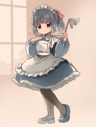 Rule 34 | 1girl, apron, black hair, black pantyhose, blue dress, blue footwear, blunt bangs, blush, brown eyes, closed mouth, collared dress, commentary request, dress, duster, emurin, expressionless, flat chest, flying sweatdrops, full body, hand on own chest, high ponytail, highres, holding, holding duster, long sleeves, looking at viewer, maid, maid apron, maid headdress, mary janes, original, pantyhose, puffy long sleeves, puffy sleeves, shoes, short hair, short ponytail, sidelocks, solo, white apron, window