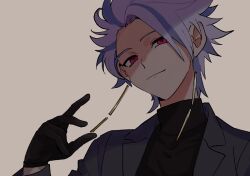 Rule 34 | 1boy, black gloves, black sweater, closed mouth, commentary request, earrings, gloves, grey jacket, hand up, jacket, jewelry, long sleeves, male focus, medu (rubish), open clothes, open jacket, pink eyes, purple hair, saibou shinkyoku, short hair, simple background, smile, solo, sweater, theodore riddle, turtleneck, turtleneck sweater, white background