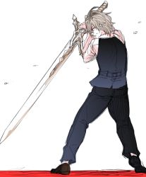 Rule 34 | 1boy, ahoge, balmung (fate/apocrypha), black pants, fate/apocrypha, fate (series), holding, holding sword, holding weapon, long sleeves, male focus, pants, red eyes, shirt, shoes, short hair, sieg (fate), silver hair, solo, sweat, sword, waistcoat, weapon, white shirt