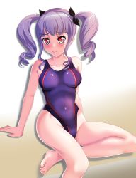 Rule 34 | 1girl, baek hyang&#039;geum, bang dream!, barefoot, breasts, competition swimsuit, covered navel, drill hair, feet out of frame, happy birthday, highres, long hair, looking at viewer, medium breasts, one-piece swimsuit, purple hair, purple one-piece swimsuit, red eyes, sitting, smile, solo, swimsuit, twin drills, twintails, udagawa ako