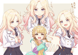 Rule 34 | 2girls, beckoning, black necktie, black overskirt, blonde hair, blush, braid, commentary request, fujita kotone, gakuen idolmaster, highres, idolmaster, jacket, juo sena, long hair, looking at another, multicolored clothes, multicolored jacket, multiple girls, multiple views, necktie, parted bangs, scared, simple background, sparkle, sweatdrop, tears, translation request, trembling, twin braids, two-tone background, usagichama, very long hair, white jacket