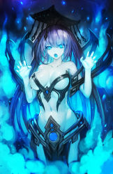 Rule 34 | 1girl, bad id, bad pixiv id, bare arms, bare shoulders, black hat, blue eyes, blue fire, blue theme, breasts, claw pose, collarbone, cowboy shot, fire, hat, highres, large breasts, light particles, loincloth, long hair, looking at viewer, moeoh ex, navel, no pupils, purple hair, revealing clothes, solo, standing, stomach, underboob, w arms, zhuore zhi hen