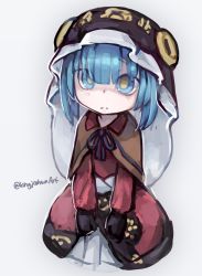 Rule 34 | 1boy, aqua eyes, aqua hair, black gloves, black ribbon, bright pupils, brown capelet, capelet, child, closed mouth, commentary request, cropped legs, dress, gloves, kingjoshua, long sleeves, made in abyss, male focus, maruruk, neck ribbon, official alternate costume, pleated skirt, red dress, ribbon, short hair, simple background, sketch, skirt, solo, split mouth, trap, twitter username, veil, white background, white skirt, wing collar, yellow pupils