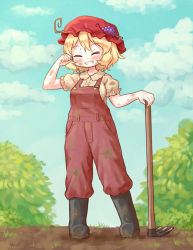 Rule 34 | 1girl, adapted costume, aki minoriko, arinu, black footwear, blonde hair, blue sky, boots, closed eyes, cloud, dirty, dirty clothes, dirty face, farmer, food, fruit, full body, grapes, grin, hat, highres, holding, mob cap, outdoors, overalls, rake, red hat, short hair, short sleeves, sky, smile, solo, standing, sweat, touhou