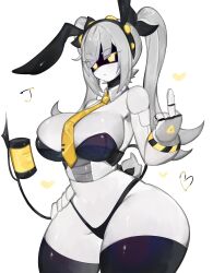 Rule 34 | animal ears, bare hips, bare shoulders, black panties, black ribbon, black thighhighs, blush, breasts, cleavage, colored skin, fake animal ears, grey hair, grey skin, hair ribbon, hand on own hip, highres, j (murder drones), large breasts, leotard, long hair, looking at viewer, mechanical arms, mechanical legs, metal skin, middle finger, midriff, murder drones, necktie, panties, playboy bunny, rabbit ears, ribbon, robot, robot girl, tail, thick thighs, thighhighs, thighs, togetoge, twintails, underwear, wide hips, yellow eyes