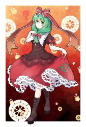 Rule 34 | 1girl, boots, bow, brown footwear, cross-laced footwear, dress, frilled bow, frilled ribbon, frills, front ponytail, full body, gradient background, green eyes, green hair, hair bow, hair ribbon, hoshibana anima, kagiyama hina, lace, lace-trimmed dress, lace trim, lifting own clothes, looking at viewer, puffy short sleeves, puffy sleeves, red background, red bow, red ribbon, ribbon, short sleeves, sleeve bow, smile, solo, touhou