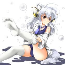 Rule 34 | 1girl, animal ears, ball, blush, dripping, hair ornament, hazard symbol, highres, leg up, necktie, off shoulder, one-piece swimsuit, open clothes, open shirt, original, outstretched leg, pink eyes, radiation symbol, red star (toranecomet), school swimsuit, shirt, silver hair, sitting, solo, swimsuit, tail, thighhighs, thighhighs pull, tie clip, twintails, uranium, white thighhighs, wolf ears, wolf tail